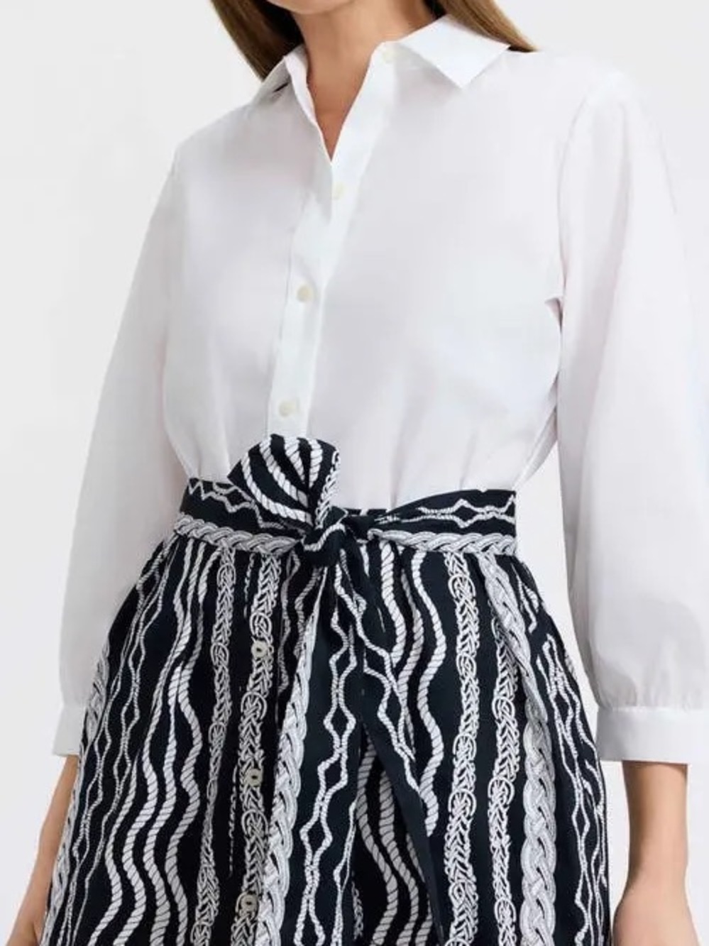 Foxcroft Navy and White Patterned Tie-Waist Midi Skirt